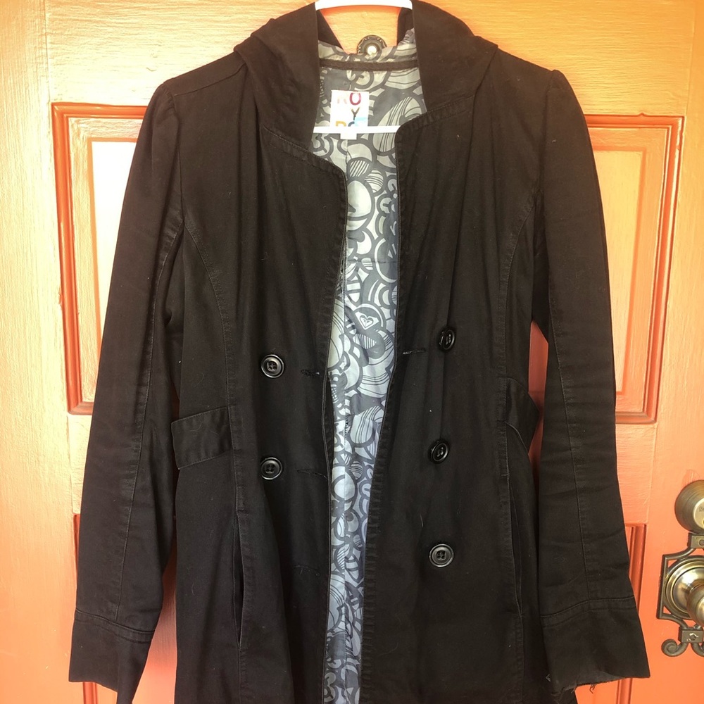 Black button down hooded jacket